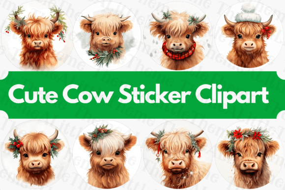 8 Highland Baby Cow Christmas Stickers: Festive Illustrations