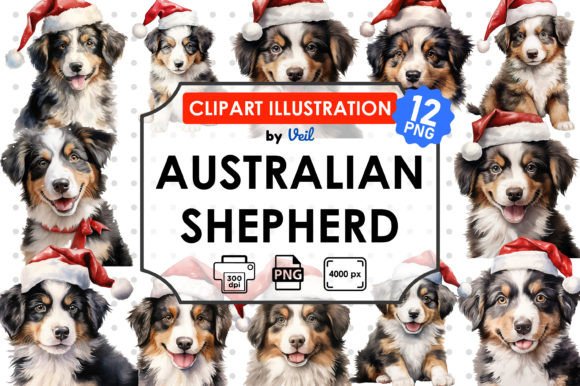 Christmas Australian Shepherd Clipart: Pro Illustrations