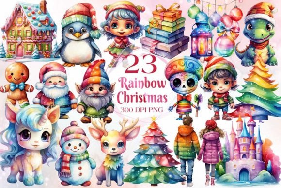 Cute Rainbow Christmas Clipart Bundle: Festive Illustrations