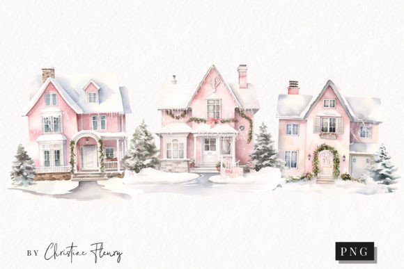 Watercolor Pink Christmas Houses Clipart & Illustrations